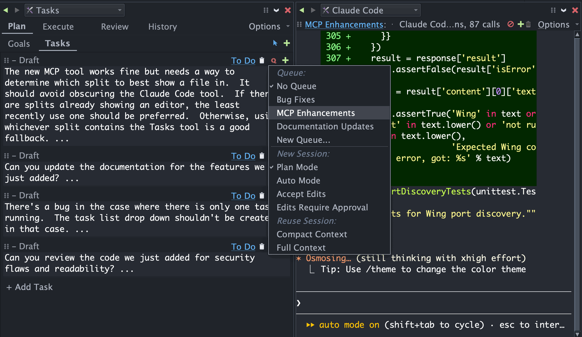 Submitting a request from the Tasks tool's Q menu