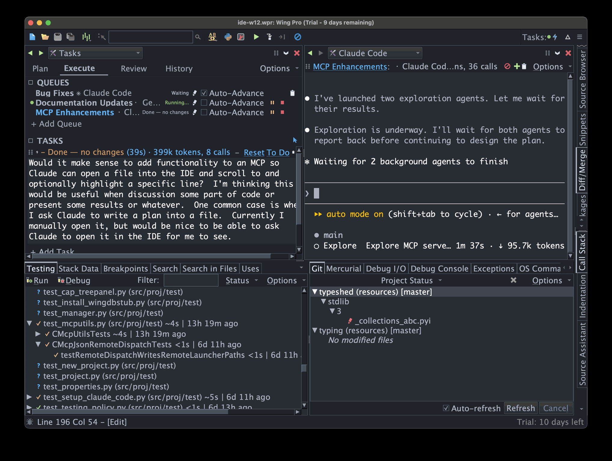 The Tasks and Claude Code tools, with Testing and Git below