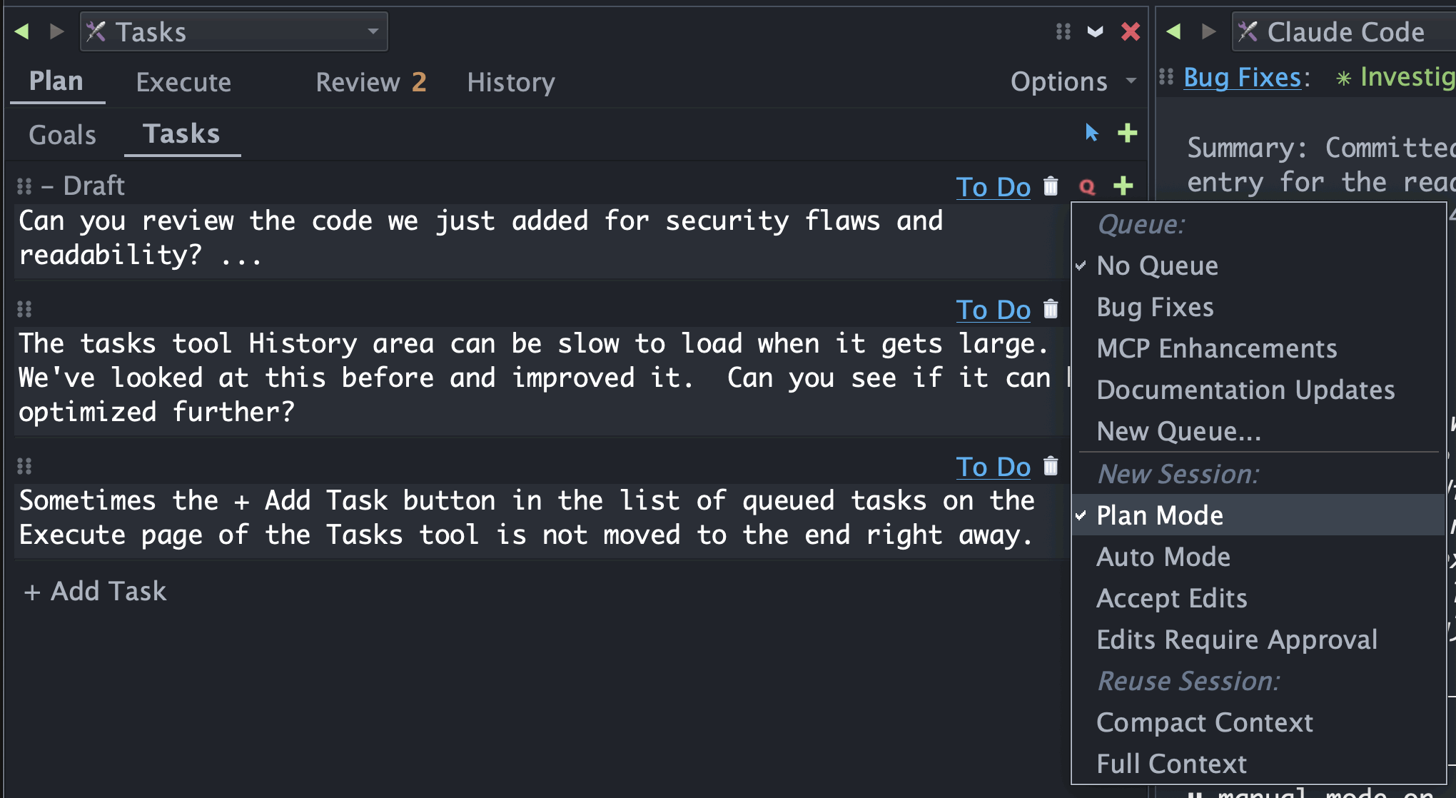 The Q menu open on a task