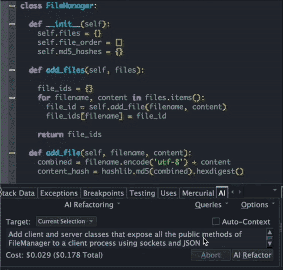 Writing new code with AI refactoring in Wing Pro