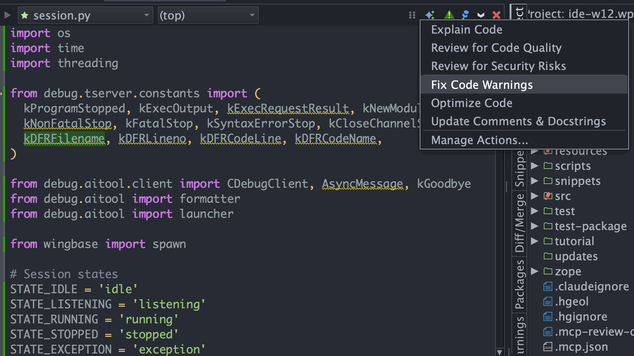 Fix Code Warnings in the editor's Code Actions menu