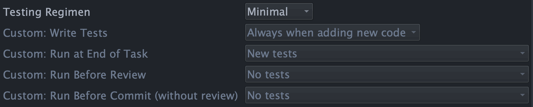 Testing Regimen setting in Project Properties